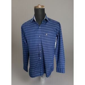 Premium Men’s Cotton John Morris Navy Striped Made In India Shirt Size LG EUC